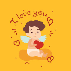 Happy Valentine Day card with cupid angel. Vector illustration