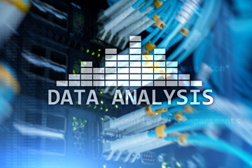 Big Data analysis text on server room background. Internet and modern technology concept.