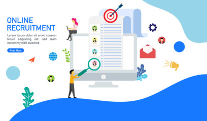 Fototapeta na wymiar Online recruitment or We are hiring concept with tiny people character suitable for landing page, template, mobile app, banner, template, vector illustration.