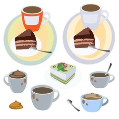 set of cafeteria Cup with drink and piece of cake