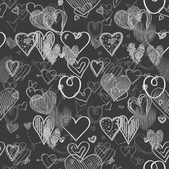 Hand drawn background with hearts. Seamless wallpaper on surface. Chaotic texture with many love signs. Lovely pattern. Line art. Print for banner, flyer or poster. Black and white illustration