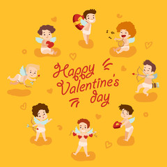 Fototapeta na wymiar Happy valentine day card with cupid angels. Vector illustration
