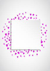 Valentines paper frame with gold glitter hearts. February 14th day. Vector confetti for valentine paper frame.