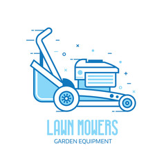 Rotary lawn mower engine logo or emblem template. Grass cutter outline icon. Gardening machine logotype in line art.