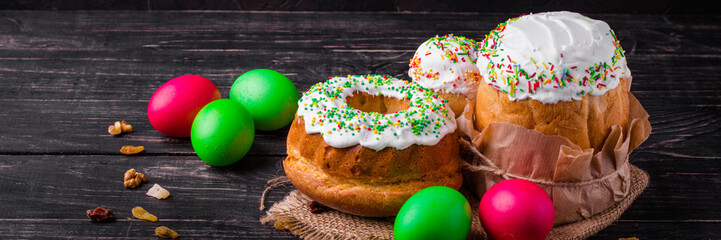 easter cake and easter eggs. Happy easter!   (traditional decoration and treats) easter food. Copy space. top view