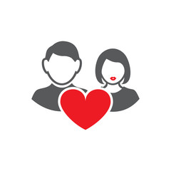 Vector illustration the guy and the girl near red heart. Set of vector symbols. Great mutual love. Happy family life after the wedding. Flat design Monochrome