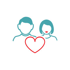 Vector illustration the guy and the girl near red heart. Set of vector symbols. Great mutual love. Happy family life after the wedding. Flat design