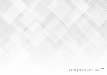 Abstract elegant squares shapes pattern overlay layer geometric white and gray gradient color background with halftone texture.