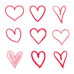 Hearts on isolated white background. Hand drawn set of love signs. Unique abstract image for design. Line art creation. Colored illustration. Elements for poster or flyer