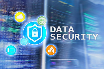 Data security, cyber crime prevention, Digital information protection. Lock icons and server room...