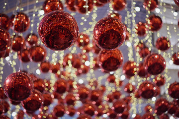 Red ball christmas hanging on the background,Close-up Christmas ball for the new year time