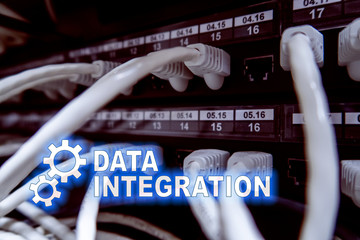 Data integration information technology concept on server room background.