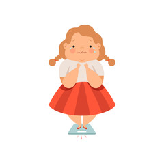 Overweight sweaty girl, cute chubby child cartoon character vector Illustration on a white background