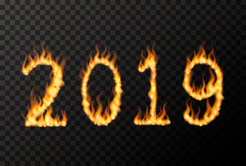 2019 number made from bright fire flames on transparent