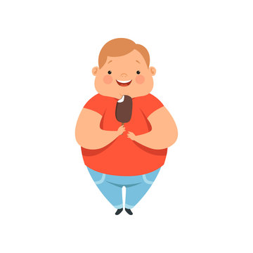 Overweight Boy Eating Ice Cream, Cute Chubby Child Cartoon Character Vector Illustration On A White Background