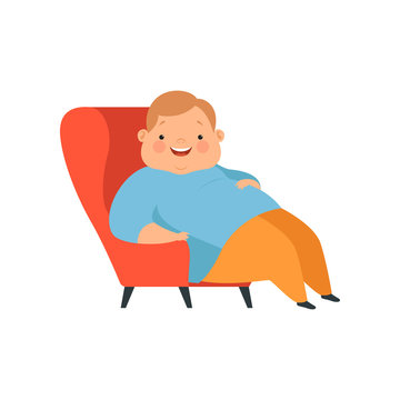 Overweight boy sitting in the chair, cute chubby child cartoon character vector Illustration on a white background