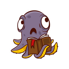 Purple octopus with sad face holding book in tentacle. Humanized marine creature. Cartoon vector icon