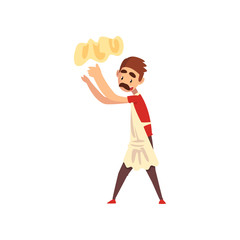 Chef tossing dough in the air, pizza maker character, stage of preparing Italian pizza vector Illustration