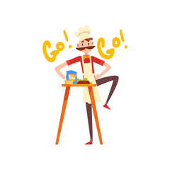 Male chef kneading the dough, pizza maker character, stage of preparing Italian pizza vector Illustration