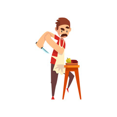 Fototapeta premium Chef cutting vegetables, pizza maker character, stage of preparing Italian pizza vector Illustration