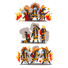 Firefighters with firefighting equipment, firemen characters in uniform and protective masks at work vector Illustration on a white background