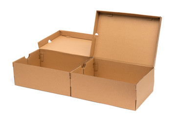 Brown cardboard shoes box with lid for shoe or sneaker product packaging mockup, isolated on white with clipping path.