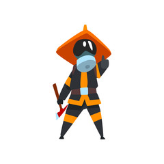 Firefighter in a protective mask with axe, fireman character in uniform at work vector Illustration on a white background