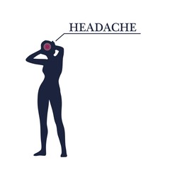 Young lady rise her hands to head. Headache text. Silhouette of woman suffering from head migraine. Stressed exhausted young woman having strong tension headache