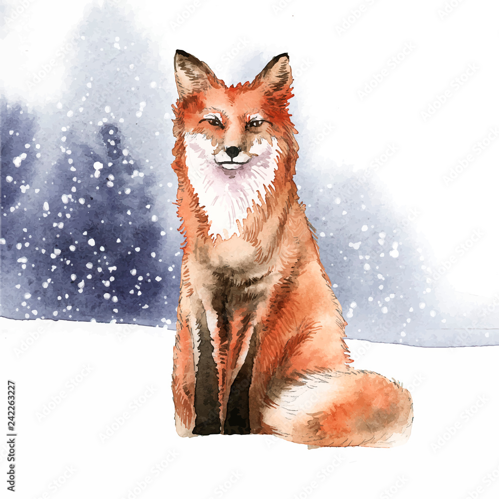 Sticker hand-drawn fox in the snow watercolor style