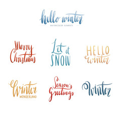 Set of winter watercolor typography vectors