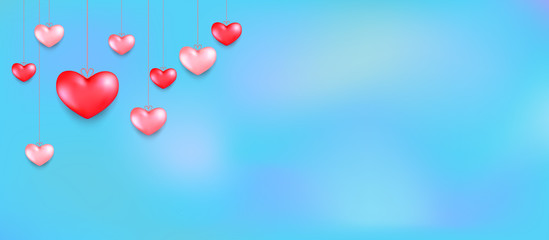 Fototapeta na wymiar Hanging hearts. Valentines day greeting card design in 3d style on sky background. Isolated objects for celebration decoration design.
