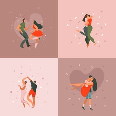 Hand drawn vector abstract cartoon modern graphic Happy Valentines day concept illustrations art cards and posters collection set with dancing couples people together isolated on colored background