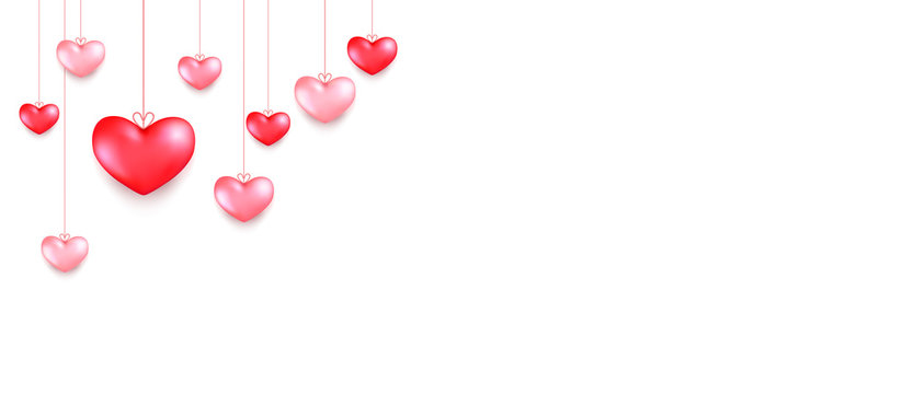 Hanging hearts. Valentines day greeting card design in 3d style on white background. Isolated objects for celebration decoration design.