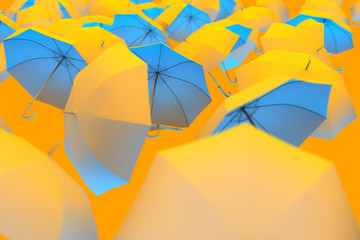 Illustrazione di ombrelli gialli e azzurri.