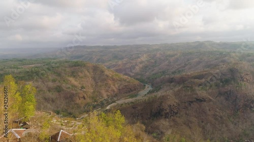 Aerial View River Oyo Canyon Among Farm Lands Rice Terraces