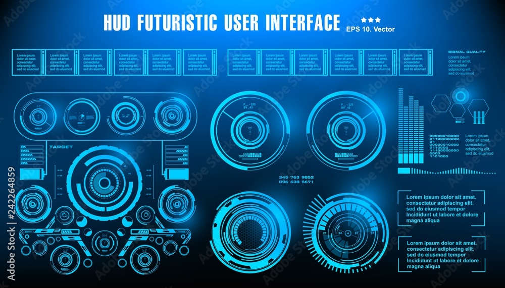 Poster hud futuristic blue user interface, dashboard display virtual reality technology screen, target