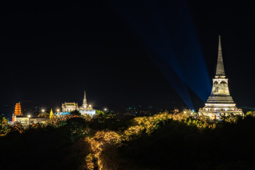 Beautiful landscape of temple on the hill at night in Thailand.