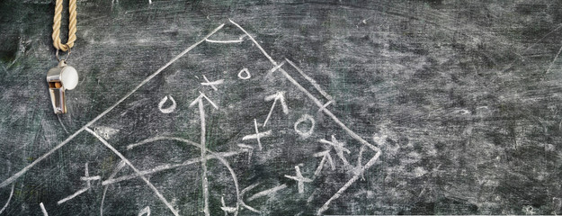 whistle of a soccer referee or trainer on blackboard w.strategy diagram scribble panoramic, free...