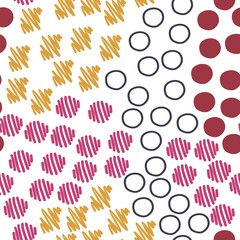 Hand drawn abstract vector seamless pattern in memphis style. Colored elements and line art elements on white background. 