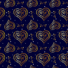Shiny hearts on a blue background. seamless pattern. Vector illustration