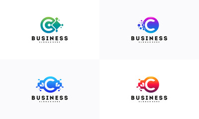 Set of Pixel Letter C logo designs, Circle Pixel C Initial logo