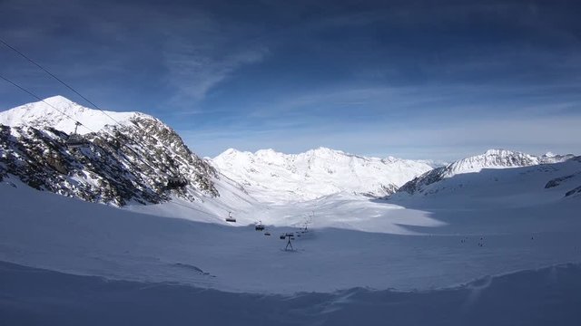 Winter time in Alps and skiers. Stubaier Gletscher. 