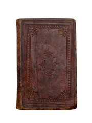 Old, antique book with worn leather cover isolated on white background. Vintage.