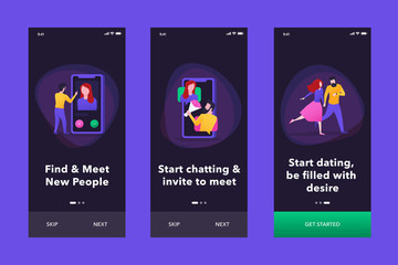 Onboarding illustrations with woman and man characters,who are looking for a couple, chatting and meeting. Onboarding screens design in how to use app concept. Modern user interface UX, UI screen temp