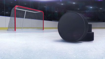 Naklejka premium ice hockey stadium and goal gate with puck front and camera flash behind, hockey and skating stadium indoor 3D render illustration background