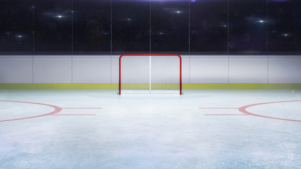 Obraz premium ice hockey stadium goal gate front general view and camera flashes behind, hockey and skating stadium indoor 3D render illustration background