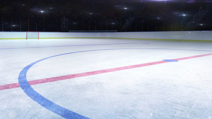 Obraz premium ice hockey stadium middle rink general view and camera flashes behind, hockey and skating stadium indoor 3D render illustration background