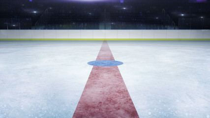 ice hockey stadium middle line general view and camera flashes behind, ice hockey and skating stadium indoor 3D render illustration background