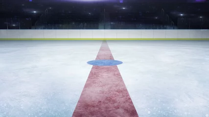 Stickers fenêtre Pour lui vue générale de la ligne médiane du stade de hockey sur glace et la caméra clignote derrière, fond d& 39 illustration de rendu 3D intérieur du stade de hockey sur glace et de patinage