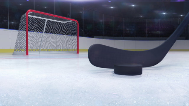 ice hockey stadium and goal gate with hockey stick front and camera flash behind, ice hockey and skating stadium indoor 3D render illustration background